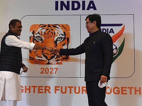 Praful Patel, left, President of the All India Football Federation (AIFF) and Kiren Rijiju, Minister of State of the Ministry of Youth Affairs and Sports at the 2027 AFC Asian Cup bid launch