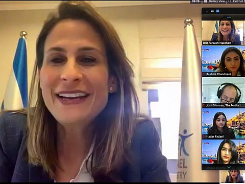 Israel Tourism Minister Orit Farkash Hacohen addressing he online tourism forum with UAE on Wednesday