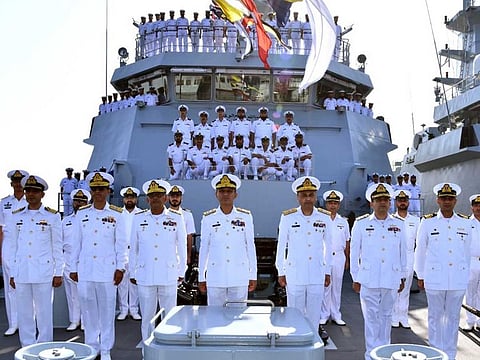 Chief of the Pakistan Naval Staff Admiral Amjad Khan Niazi in a group photo with crew members of Pakistan Navy Ship Tabuk after induction ceremony at PN Dockyard, Karachi.