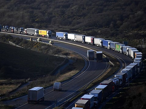 The Dover Traffic Access Protocol (TAP) scheme on the A20 is seen in action as freight lorries queue on the main route into the port of Dover on the south coast of England on December 17, 2020.