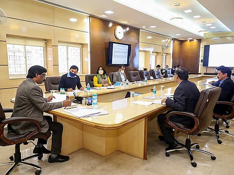 Jharkhand Chief Minister Hemant Soren attends a high-level meeting with officials for the development of the state in connection with collection of revenue and registration of land at CM’s secretariat in Ranchi, Thursday, Dec. 17, 2020.