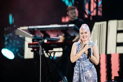 Anne Marie performing at Burj Park, Downtown Dubai on the second day of the Dubai Shopping Festival on Friday.