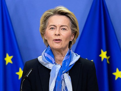 European Commission President Ursula von der Leyen delivers a statement on the marketing authorization of the Pfizer-BioNTech vaccine against COVID-19 at EU headquarters in Brussels, on Monday.