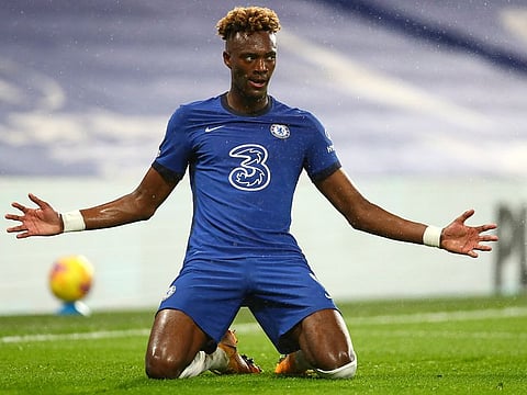 Chelsea's Tammy Abraham celebrates after scoring his team's second goal.