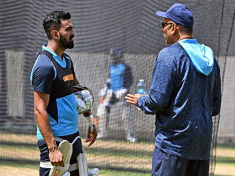 India's KL Rahul speaks to head coach Ravi Shastri