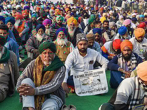 Farmers during their protest against the Center's new farm laws, at Singhu Border in New Delhi, on December 24, 2020.