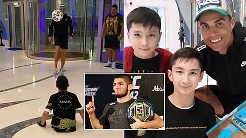 Khabib Nurmagomedov (inset) was grateful to his friend Cristiano Ronaldo after the Juventus star took the time to enjoy a kickaround with Kazakh youngster Ali Turganbekov, who was born without legs.
