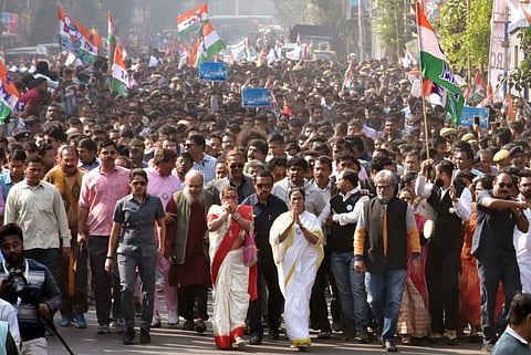 Chief Minister of West Bengal Mamata Banerjee leads a protest rally against the Citizenship Amendment Act (CAA) and National Register of Citizens (NRC), in Kolkata