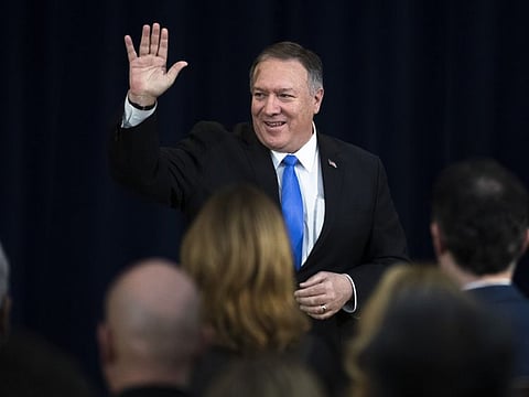 US Secretary of State Mike Pompeo departs after delivering remarks on human rights at the State Department in Washington