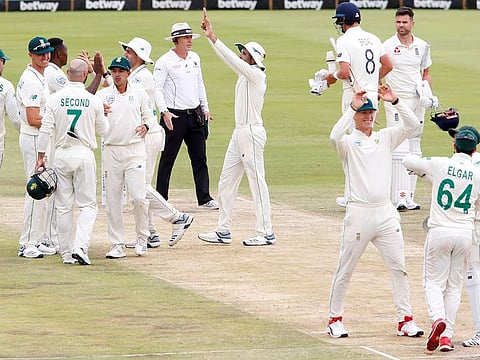 South Africa's Kagiso Rabada and teammates celebrate winning the test match against England in Centurion on last Sunday.