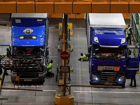 Freight lorries receive additional inspection checks after arriving at the Port of Dover following the end of the Brexit transition period, in Dover, Britain, December 31, 2020.