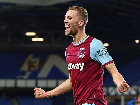 West Ham United's Tomas Soucek celebrates scoring their first goal.
