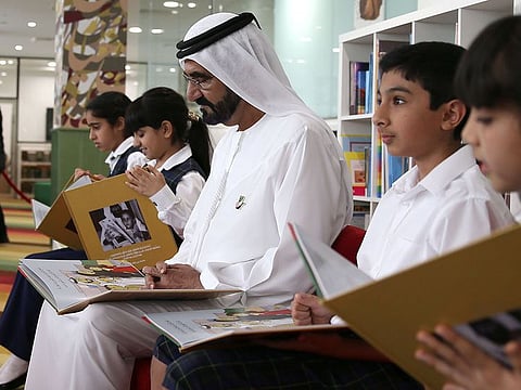 Archive image of His Highness Sheikh Mohammed bin Rashid Al Maktoum, Vice President and Prime Minister of the UAE and Ruler of Dubai, with students