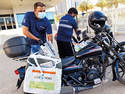 Gulf News delivery boys in their new uniforms. Gulf News follows mandated COVID-19 protocols while printing and distributing the newspaper as it is committed to the safety of its readers.