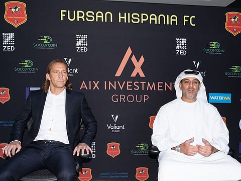 Michel Salgado (left) and his partner Faisal Belhoul at the launch of Fursan Hispania FC.