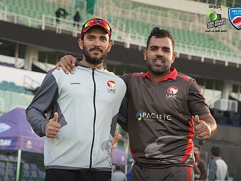Man of the Match Chundangapoyil Rizwan (left) and Mohammad Usman, who spearheaded a brilliant UAE chase to overhaul Ireland's challenging total of 269 in Abu Dhabi on Friday.