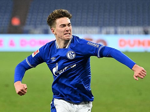 Schalke's Matthew Hoppe celebrates scoring their second goal against Hoffenheim.