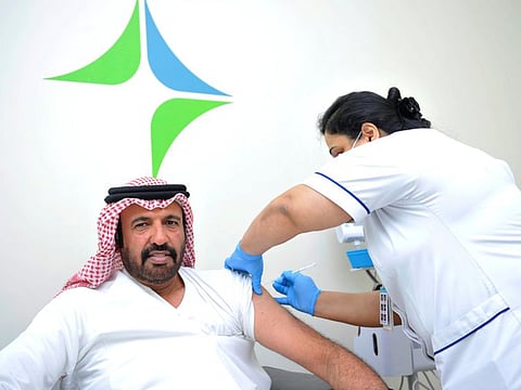 Major General Rashid Thani Al Matrooshi gets his first shot of Pfizer-BioNTech’s vaccine.