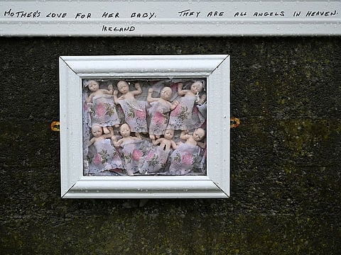 A detail view of the Tuam graveyard, where the bodies of 796 babies were uncovered at the site of a former Catholic home for unmarried mothers and their children on the day a government-ordered inquiry into former Church-run homes for unmarried mothers is formally published, in Tuam, Ireland, January 12, 2021.