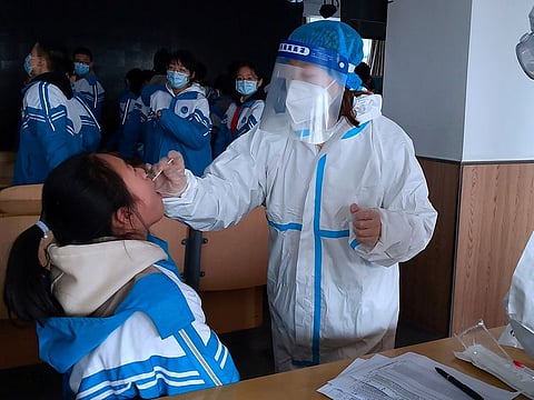 A medical worker in a protective suit collects a swab sample from a middle school student during a mass nucleic acid testing following a recent COVID-19 outbreak in Xingtai, Hebei province.