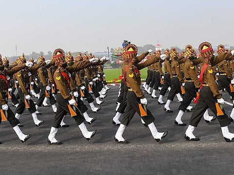 Army soldiers march during a ceremony to celebrate India's 73rd Army Day in New Delhi on January 15, 2021.