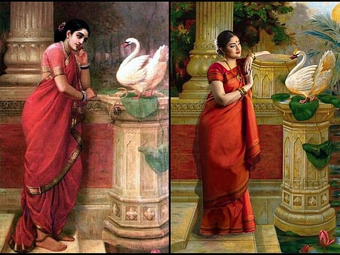 Left: The original 'Hamsa and Damayanti' by Raja Ravi Verma and (right) Shajudheen Jabbar's recreation with Princy Adel as the model.