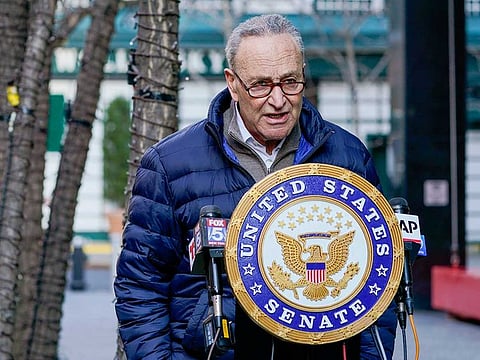 Senate Minority Leader Chuck Schumer speaks to reporters during a news conference in New York in this Jan. 12, 2021.