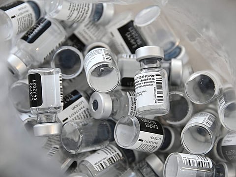 Empty bottles of Pfizer-BioNTech Covid-19 vaccine.