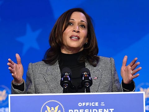 US Vice President-elect Kamala Harris speaks after US President-elect Joe Biden nominated their science team on January 16, 2021, at The Queen theater in Wilmington, Delaware.