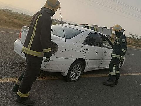 A car that was hit by shrapnel after a military projectile was launched into Saudi Arabia by Al Houthis.