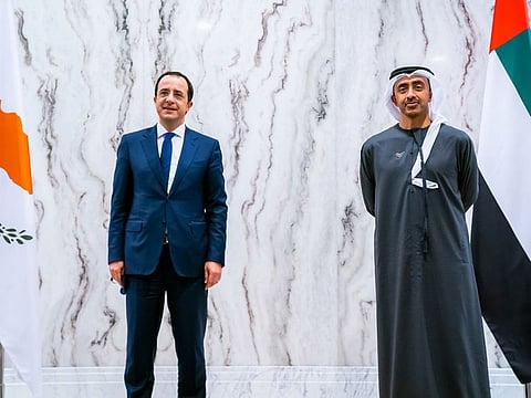 Sheikh Abdullah bin Zayed Al Nahyan, Minister of Foreign Affairs and International Cooperation, and Cyprus Foreign Minister Nikos Christodoulides.
