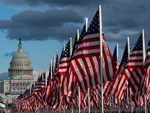 US flags on the National Mall, with the US Capitol behind, in Washington DC