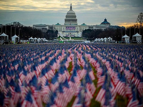 Thousands of flags creating a "field of flags" are seen on the National Mall ahead of Joe Biden's swearing-in inauguration ceremony as the 46th US president in Washington,DC on January 18, 2021.