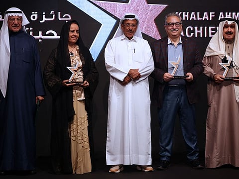 (From left) Dr Aref Al Sheikh, Dr. Rafia Ghubash, Khalaf Ahmad Al Habtoor, Ibrahim Eissa and Ahmad Al-Jarallah at Habtoor Palace in Dubai on Tuesday.
