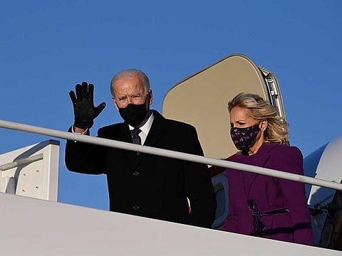 US President-elect Joe Biden and incoming First Lady Jill Biden arrive at Joint Base Andrews in Maryland on January 19, 2021, one day ahead of his inauguration as 46th President of the US.