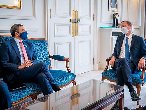 Sheikh Abdullah bin Zayed Al Nahyan, Minister of Foreign Affairs and International Cooperation, and Jean-Yves Le Drian, French Minister for Europe and Foreign Affairs,