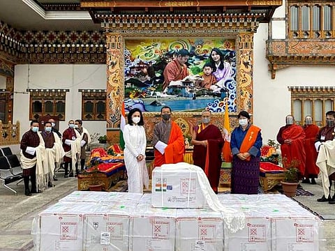 Indian Ambassador Ruchira Kamboj and Bhutan Prime Minister Dr Lotay Tshering with the consignment of COVID-19 vaccine as it reaches Bhutan from India on Wednesday, January 20, 2021.
