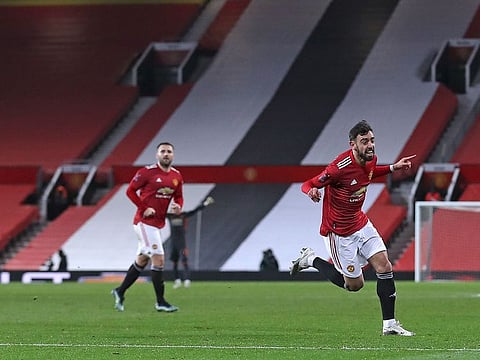 Bruno Fernandes celebrates his winner for Manchester United over Liverpool