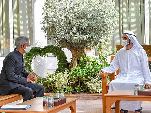 His Highness Shaikh Mohammad Bin Rashid Al Maktoum, Vice-President and Prime Minister of the UAE and Ruler of Dubai, meets Dr Subrahmanyam Jaishankar, Indian Minister of External Affairs, in November, to receive a message from Indian Prime Minister Narendra Modi