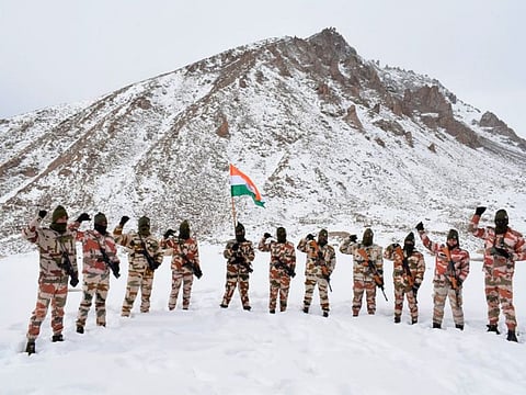 Indo Tibetan Border Police (ITBP) personnel celebrate Republic Day at a border outpost in Ladakh.