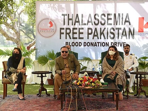 Sindh Governor Imran Ismail speaks to the media on the importance of donating blood to save lives.