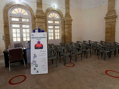 A general view of the Khaliq Dina Hall and Library building, which has been converted to be used as a vaccination centre, for administering coronavirus disease (COVID-19) vaccine, in Karachi, Pakistan.