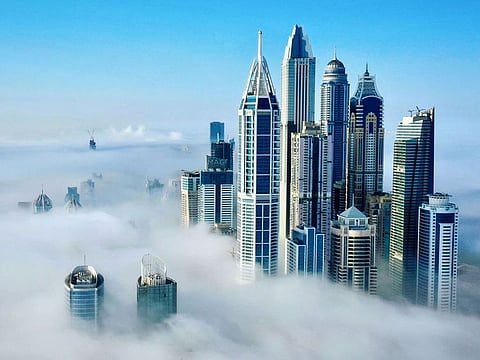 Dense fog envelops Dubai Marina