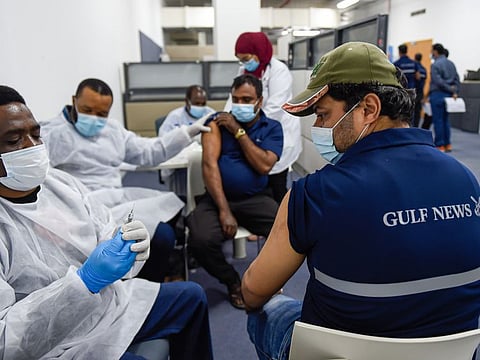Gulf News staff members receive COVID-19 vaccine at their office premises near Safa Park, Dubai, in collaboration with Tammouh Healthcare, on Wednesday.