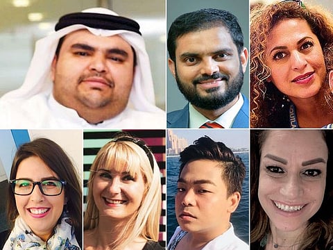 Clockwise from left: Ahmad Al Zarooni, Dr Sherbaz Bichu, Souzie Mackay, Farzaneh Tavakoli, Debrie Dela Cruz, Paulina Zdoblak and Nouha Bouallegue.