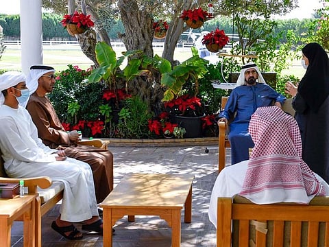 Highness Sheikh Mohammed Bin Rashid Al Maktoum, Vice-President and Prime Minister of the UAE and Ruler of Dubai, and His Highness Sheikh Mohammed bin Zayed Al Nahyan, Crown Prince of Abu Dhabi and Deputy Supreme Commander of the UAE Armed Forces, being given updates on the Hope Probe mission.