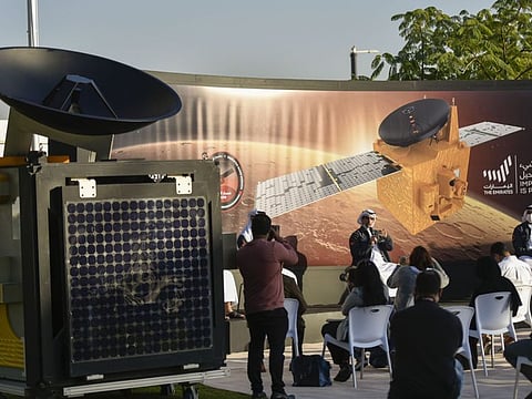 Omran Sharaf Project Director Emirates Mars Mission, seen along with replica of Hope Probe displayed during the press conference during the first Media Briefing With The Probe’s Team at MBRSC in Dubai. 2nd February 2021. Photo: Ahmed Ramzan/ Gulf News