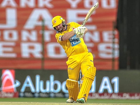 Luke Wright, captain of Team Abu Dhabi in the ongoing Abu Dhabi T10 League, in full flow on Monday.