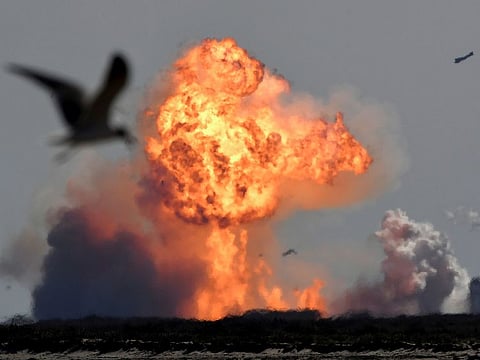 The SpaceX Starship SN9 explodes into a fireball after its high altitude test flight from test facilities in Boca Chica, Texas, U.S. February 2, 2021.