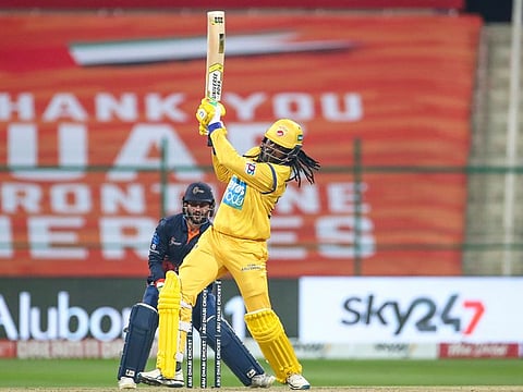 Chris Gayle in full steam during his match-winning innings of unbeaten 84 for Team Abu Dhabi on Wednesday.
